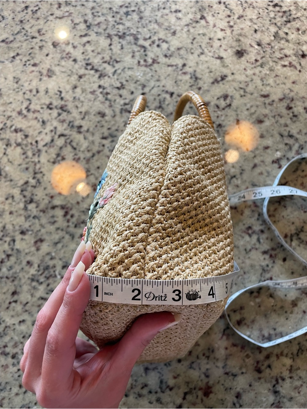 Woven Straw Tote with Embroidered and beaded Floral Design - Beige - Picture 6 of 7